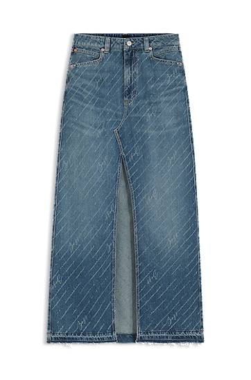 Nederdel BOSS Long Denim Skirt with Logo Pinstripe and Front Slit Blå | 50542445