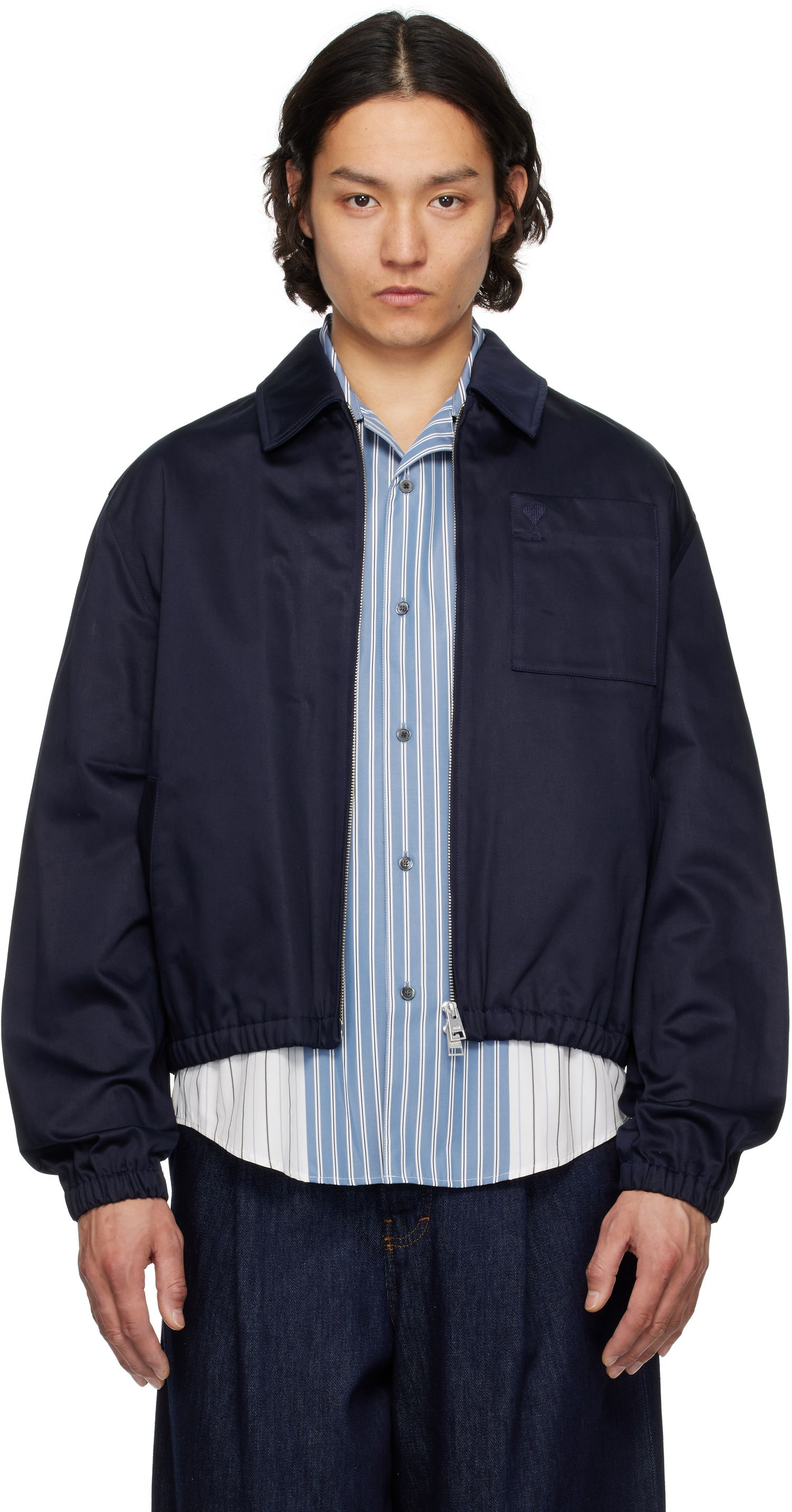 Bomberjakke AMI AMI Paris Cotton Ami de Coeur Zipped Jacket Mørkeblå | HJK059.CO0103, 0