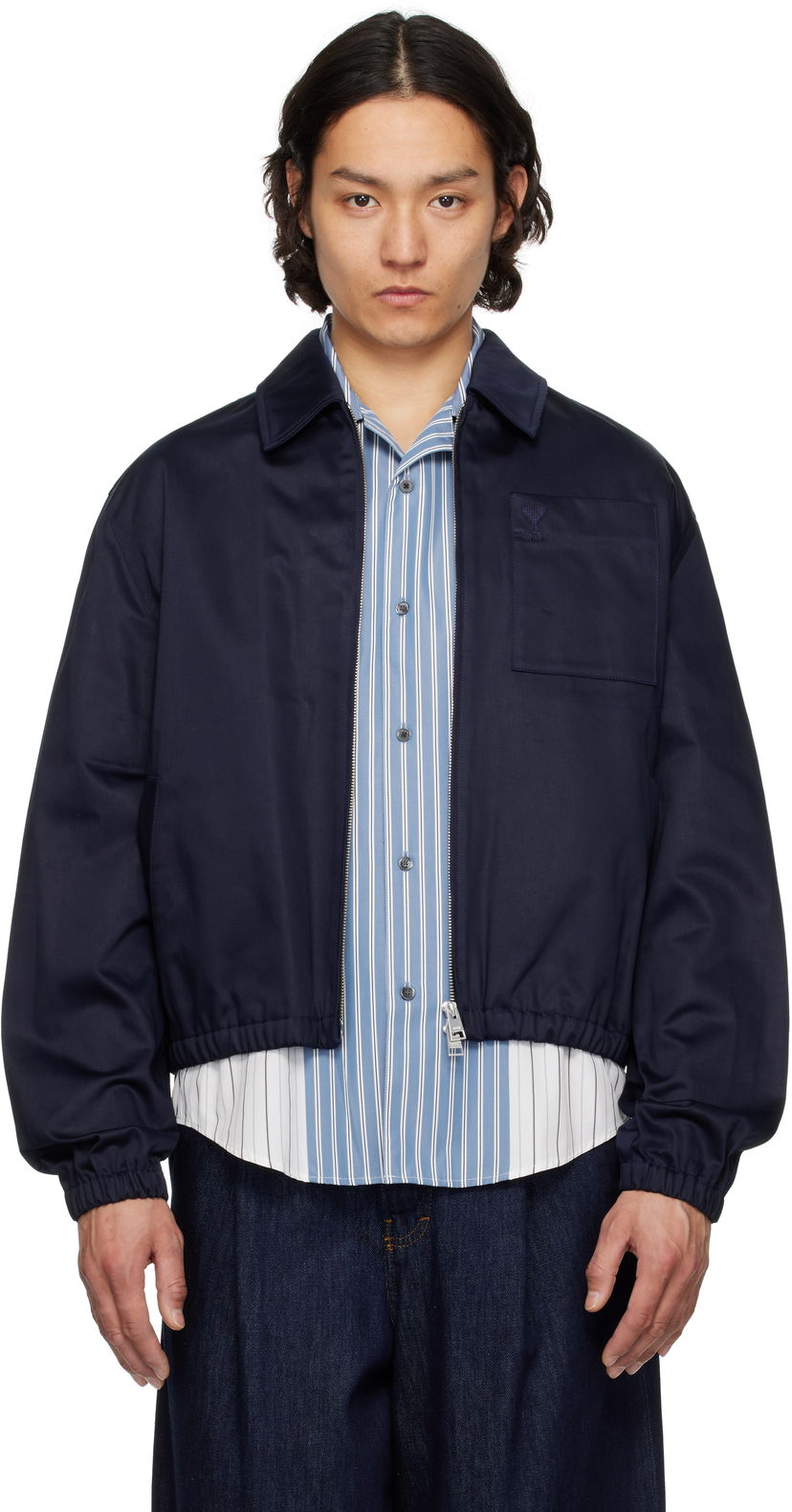Bomberjakke AMI AMI Paris Cotton Ami de Coeur Zipped Jacket Mørkeblå | HJK059.CO0103