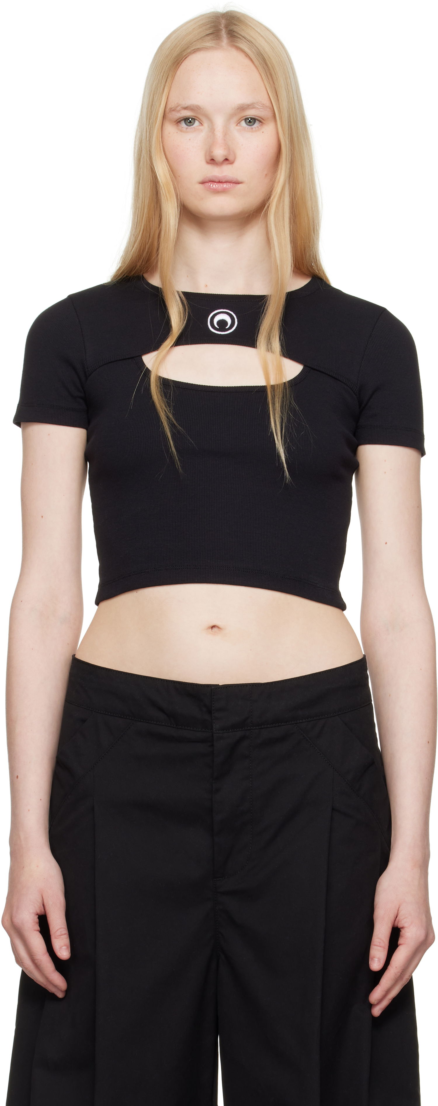 Crop top Marine Serre Marine Serre Moon Logo Cut-Out Ribbed T-Shirt Sort | WTT023A CJER0011, 0