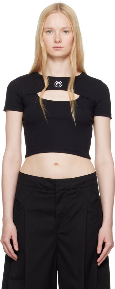 Crop top Marine Serre Marine Serre Moon Logo Cut-Out Ribbed T-Shirt Sort | WTT023A CJER0011, 0