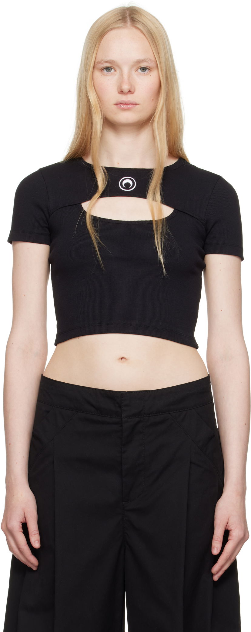 Crop top Marine Serre Marine Serre Moon Logo Cut-Out Ribbed T-Shirt Sort | WTT023A CJER0011