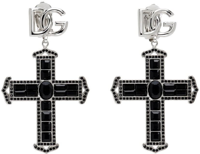Øreringe Dolce & Gabbana Silver & Black Cross Earrings Sort | WEP4C7 W1111