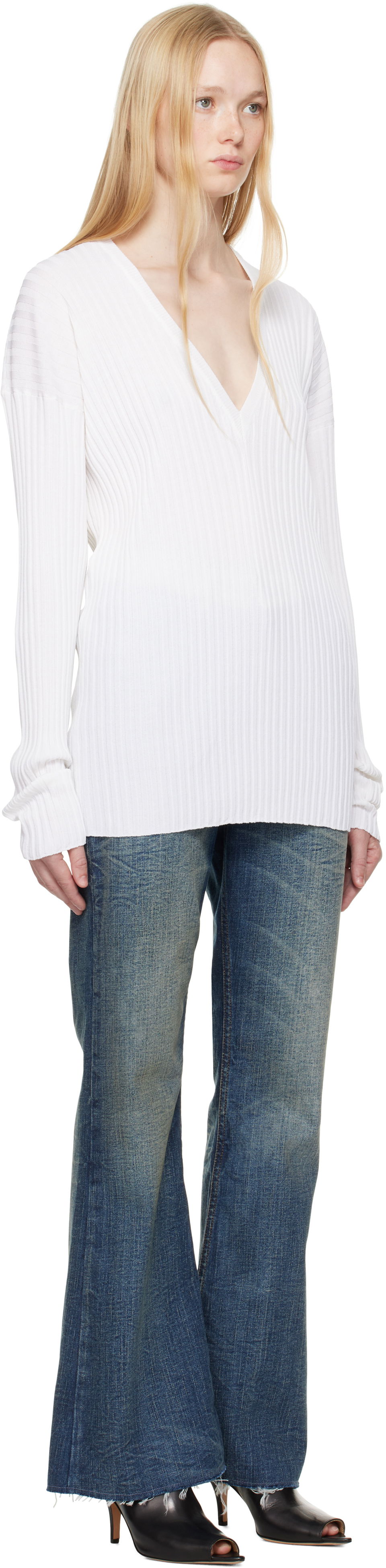 Sweater Maison Margiela MM6 Maison Margiela Slouchy Ribbed V-Neck Sweater Hvid | S62DA0050 M13125, 1