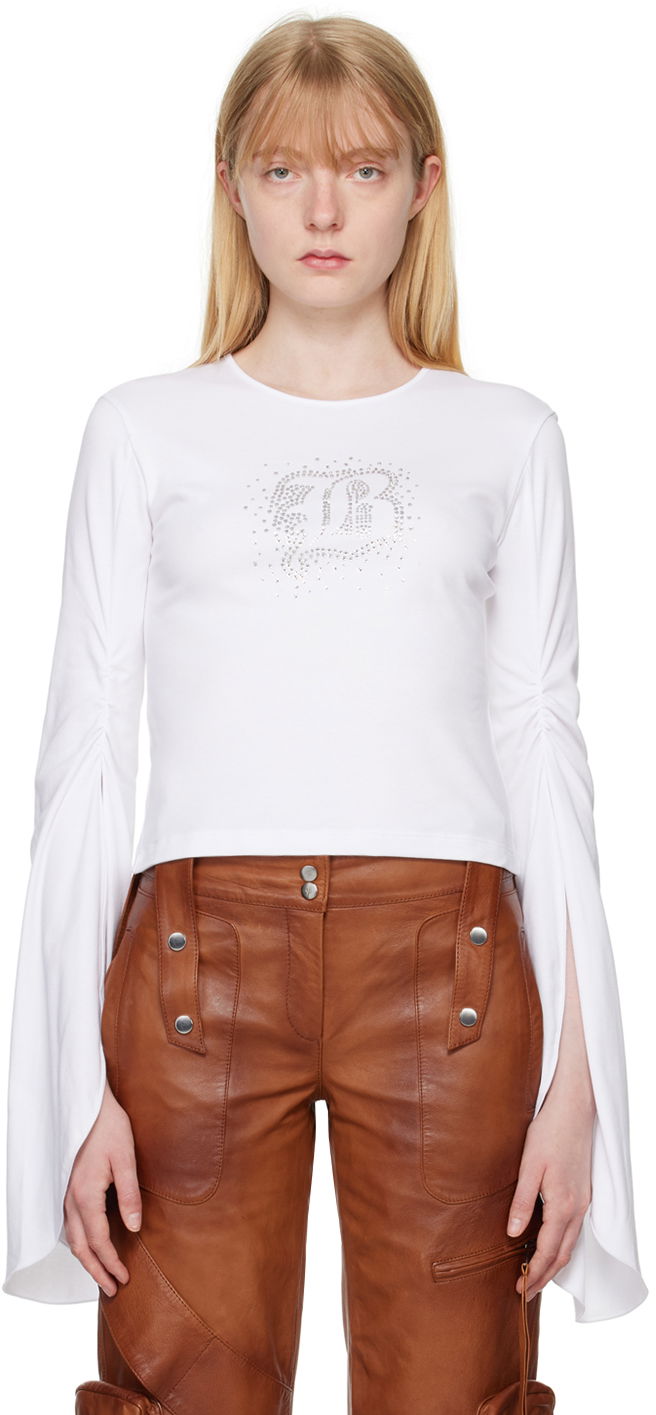T-shirt Blumarine White Crystal-Cut Long Sleeve T-Shirt Hvid | P444T034A