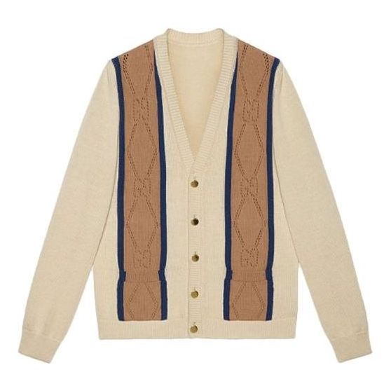 Sweater Gucci Striped V-Neck Cardigan Beige | 655105-XKBWE-9275