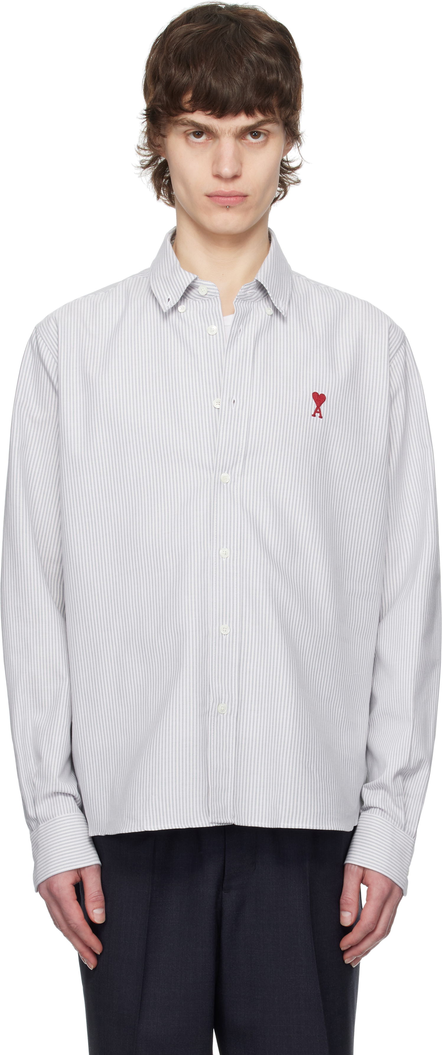 Skjorte AMI AMI Cotton Striped Button-Down Ami de Coeur Shirt Hvid | USH063.CO0087, 0