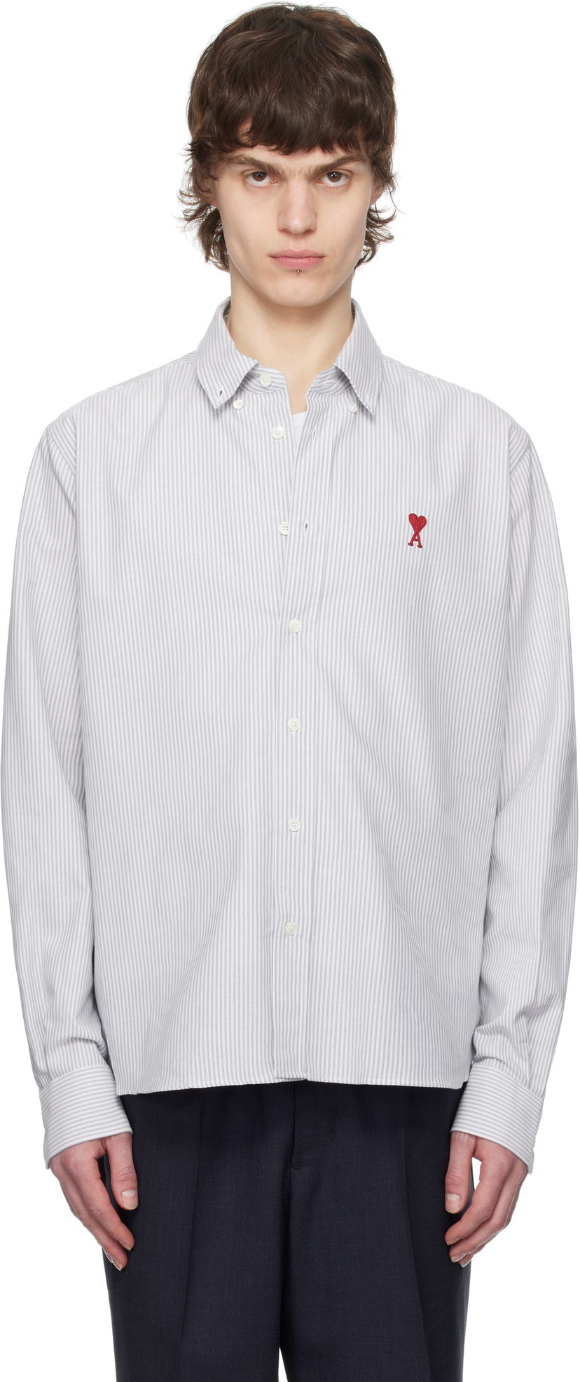 Skjorte AMI AMI Cotton Striped Button-Down Ami de Coeur Shirt Hvid | USH063.CO0087