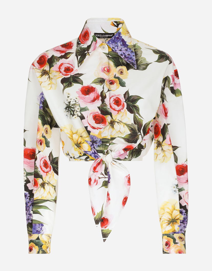 Skjorte Dolce & Gabbana Garden Print Tie-Front Crop Top Hvid | F5R73THS5Q1HA4YB