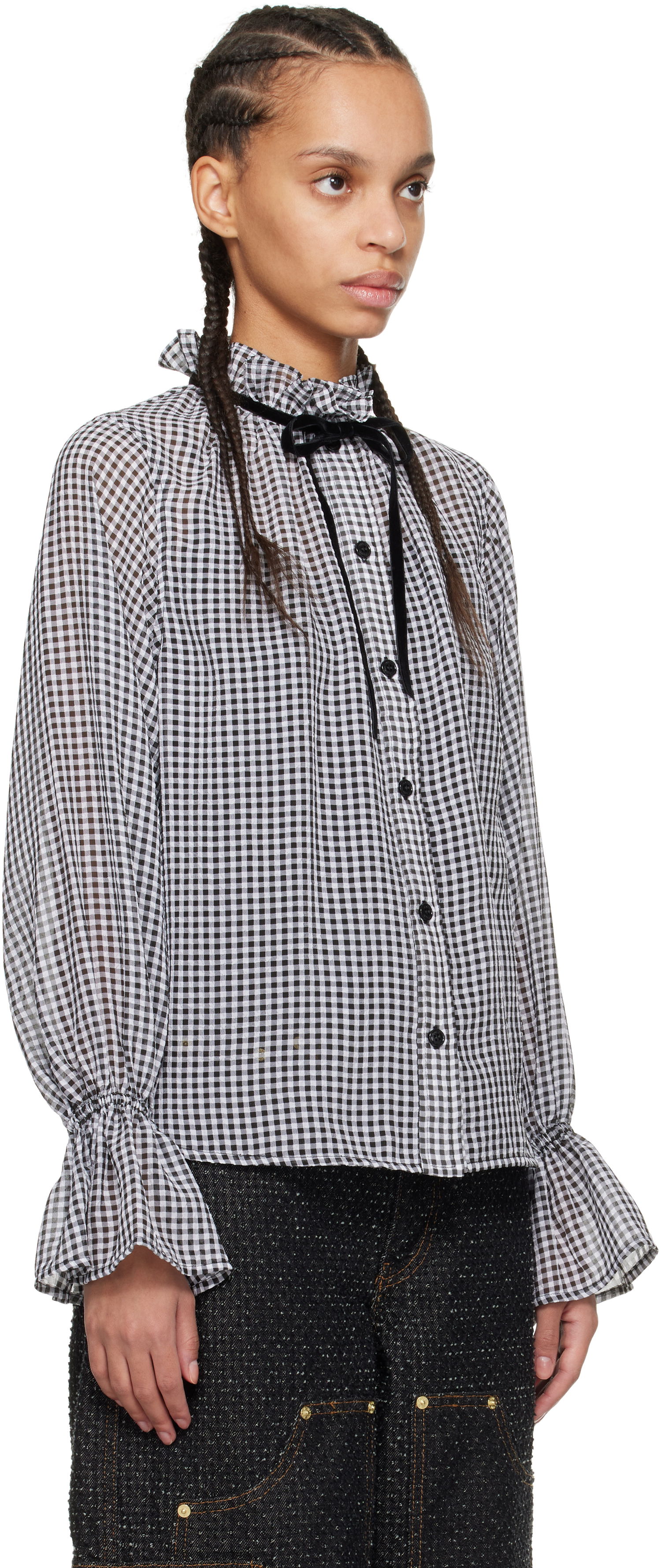 Skjorte GANNI Ganni Sheer Check Tie-Neck Blouse Hvid | W0155, 1