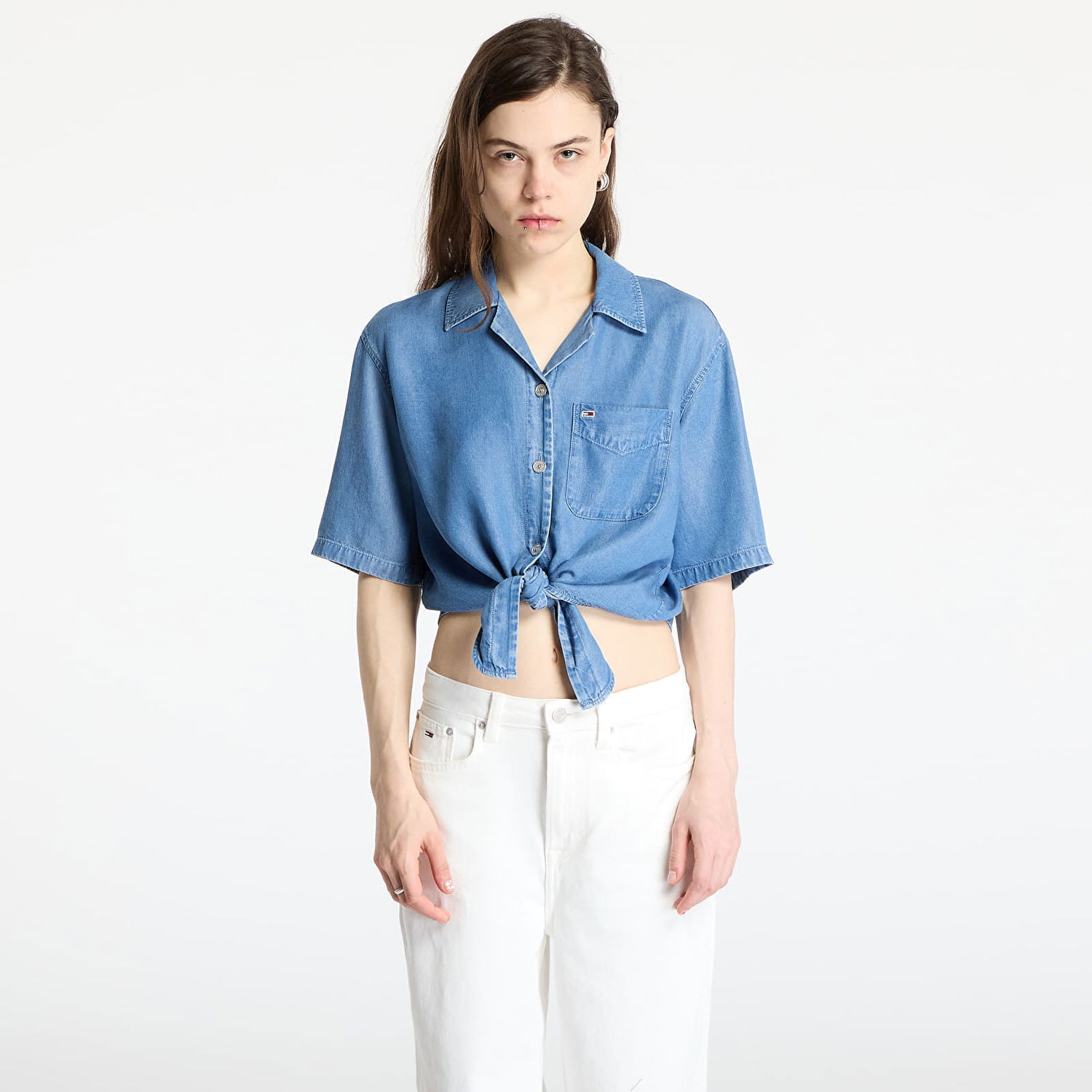 Skjorte Tommy Hilfiger Tommy Jeans Women's Chambray Tie Front Short Sleeve Shirt Blå | DW0DW20603 1A4, 0