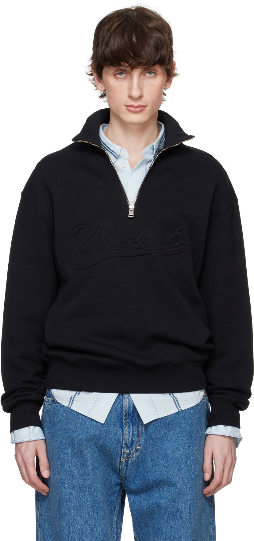 Sweatshirt MAISON KITSUNÉ Maison Kitsuné Varsity Half Zip Sweater Sort | OM00302KM0321