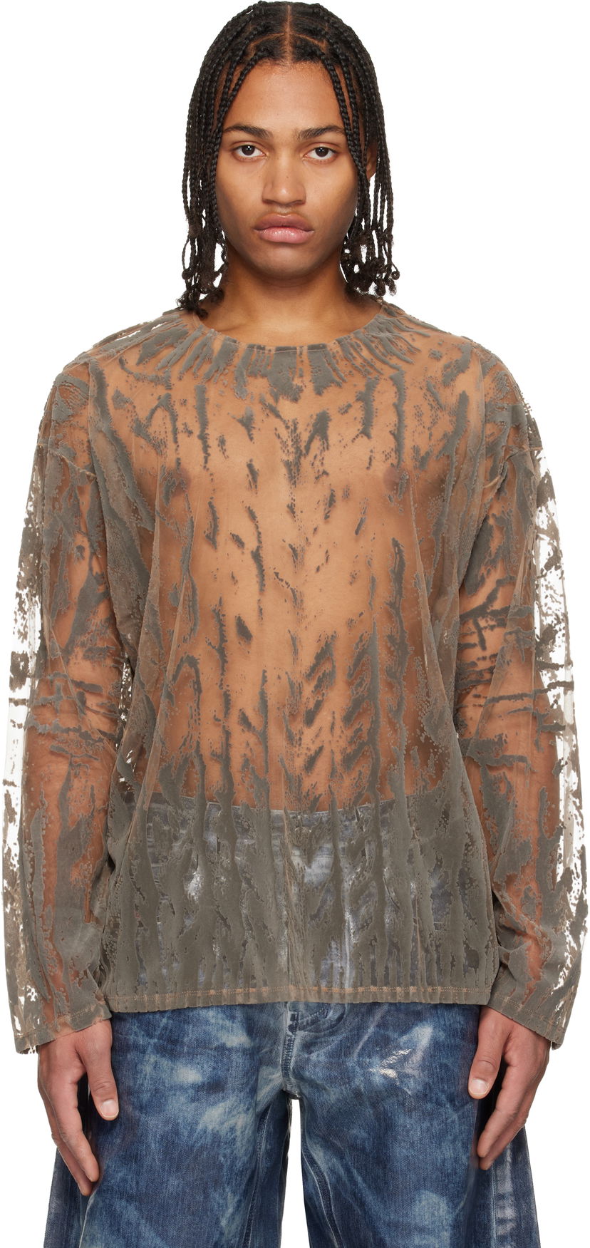 T-shirt Diesel Sheer Flocked Long-Sleeve T-shirt T-Taras Grå | A21098-0SLCQ-98BA