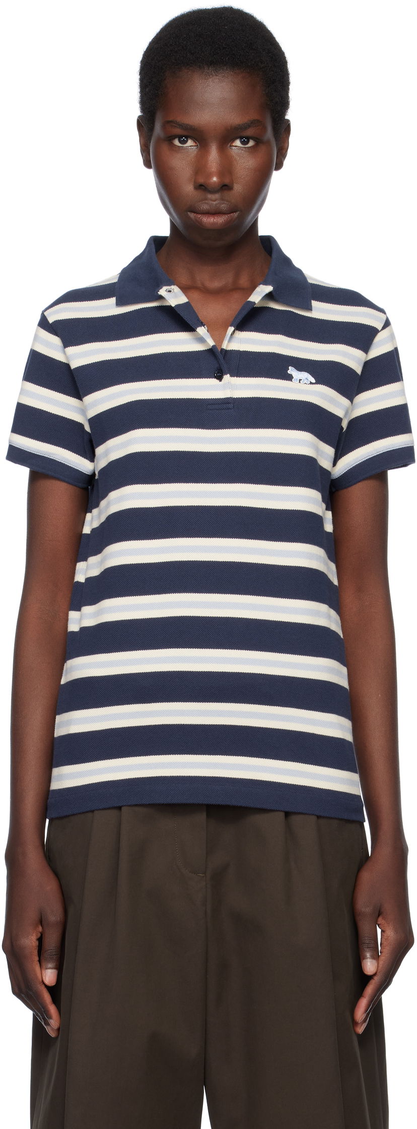 Polo skjorte MAISON KITSUNÉ Kitsuné Baby Fox Patch Stripe Polo Mørkeblå | OW00205KJ7010
