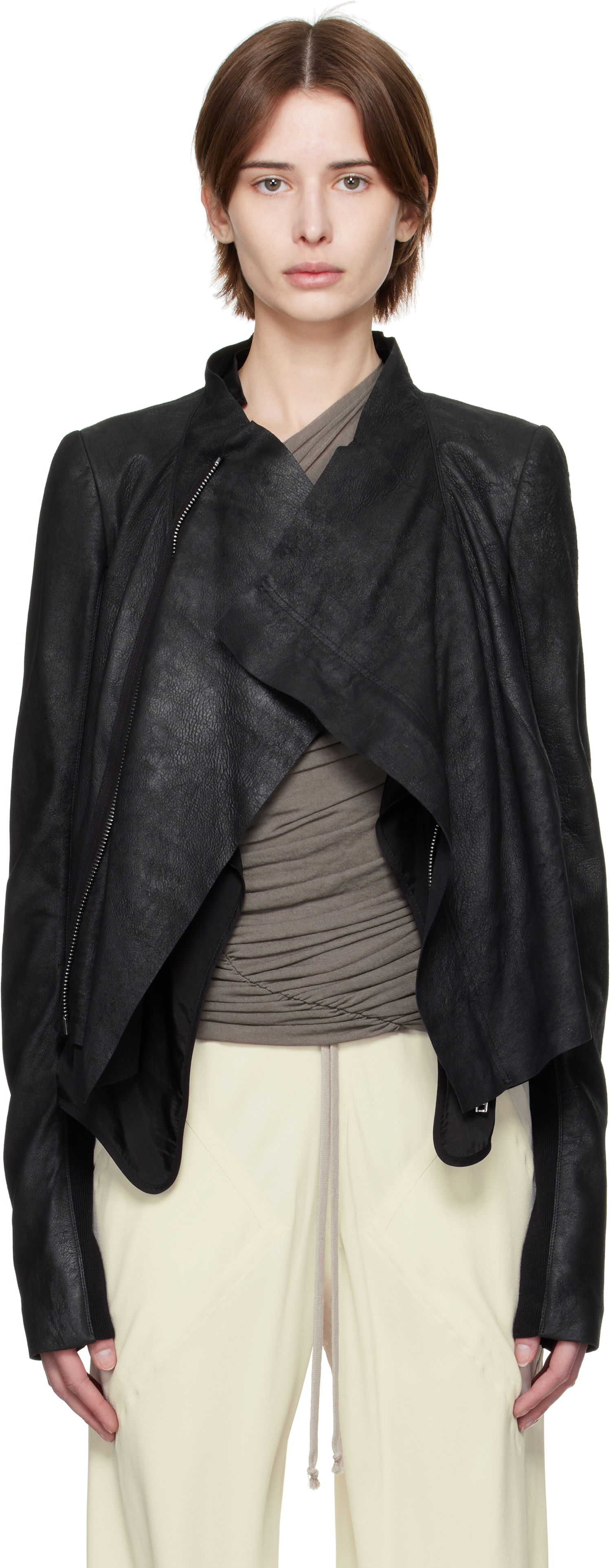 Jakke Rick Owens Rick Owens Hollywood Low Neck Biker Leather Jacket Sort | RP01E7702 LBA, 0