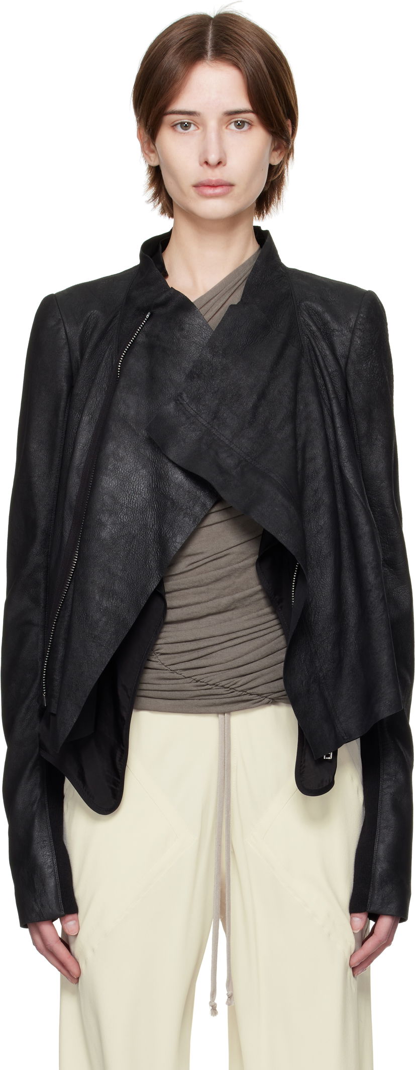 Jakke Rick Owens Rick Owens Hollywood Low Neck Biker Leather Jacket Sort | RP01E7702 LBA