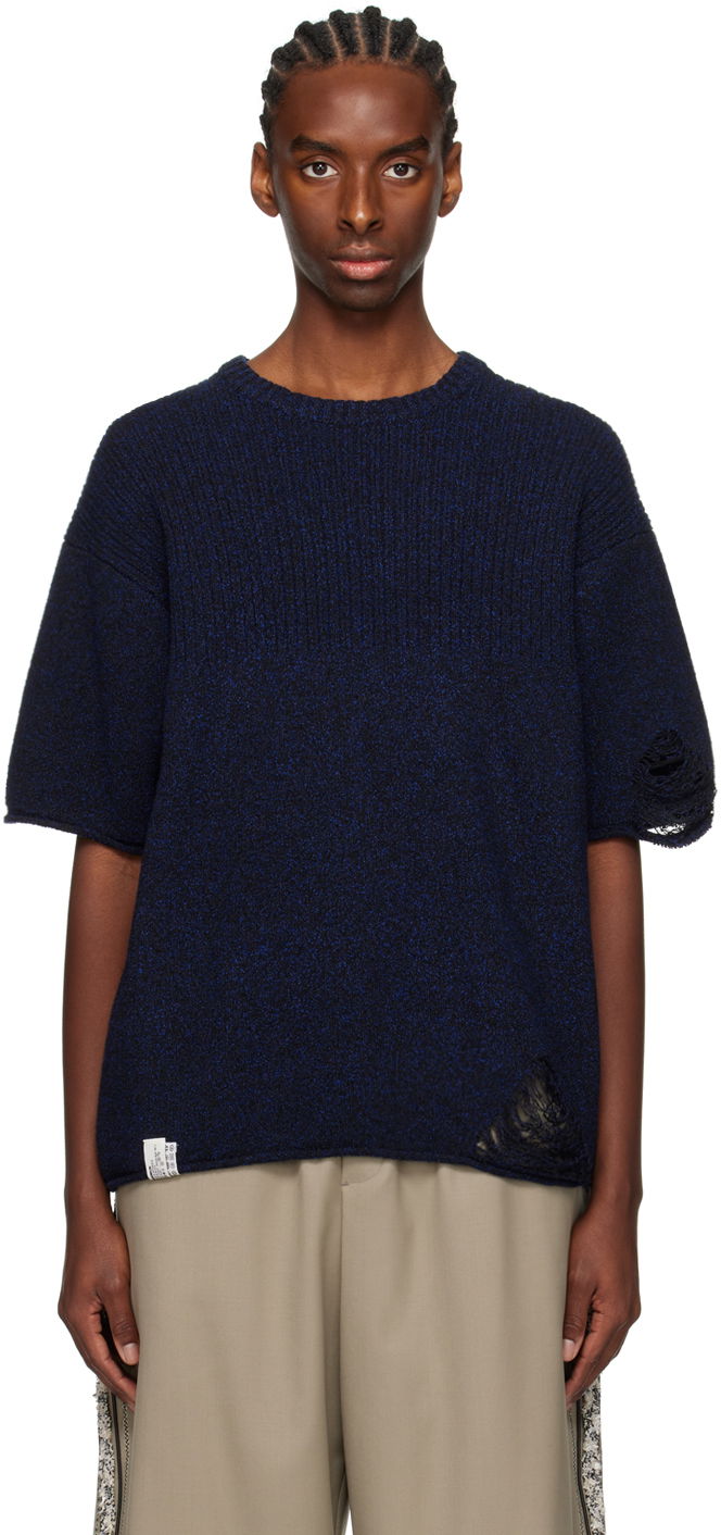 Jersey ADER ERROR Distressed Knit T-Shirt Mørkeblå | BN01SSKT0501BK, 0