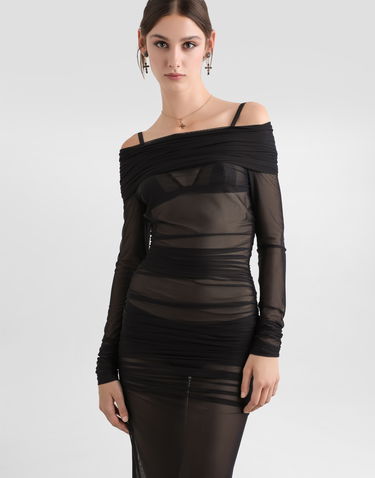 Kjole Dolce & Gabbana Dolce & Gabbana Draped Tulle Calf-Length Dress Sort | F6TLSTFLRC2N0000, 3