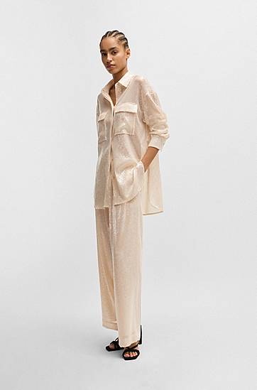 Bukser BOSS Sequined Stretch Wide-Leg Trousers Beige | 50524262, 1
