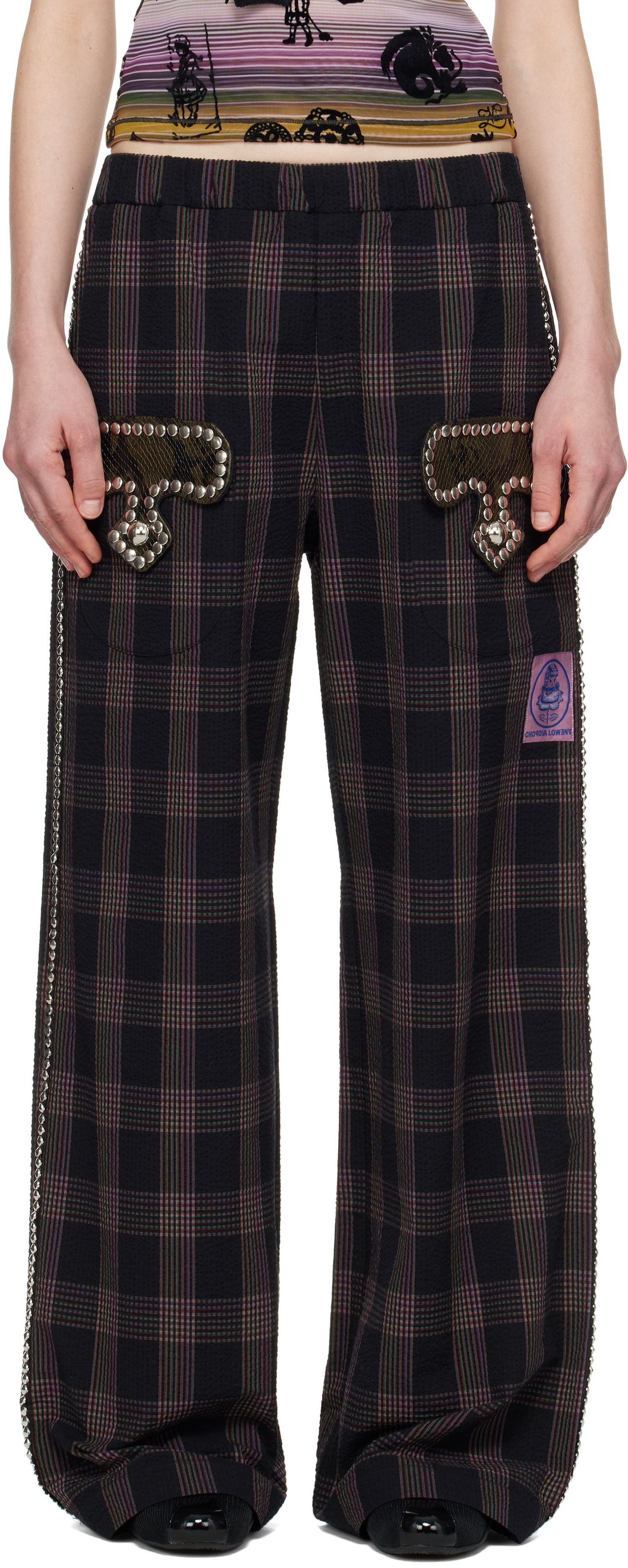 Bukser Chopova Lowena Chopova Lowena Annex Plaid Trousers with Mushroom Appliqué Sort | 4099, 0