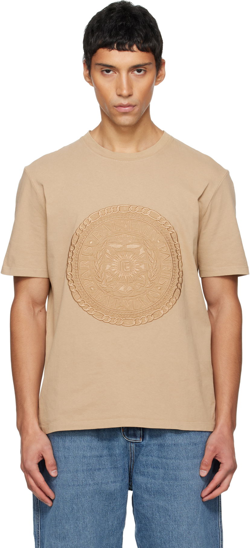 T-shirt Balmain Embroidered 'Balmain' Médaille T-shirt Beige | FH1EG000BD08