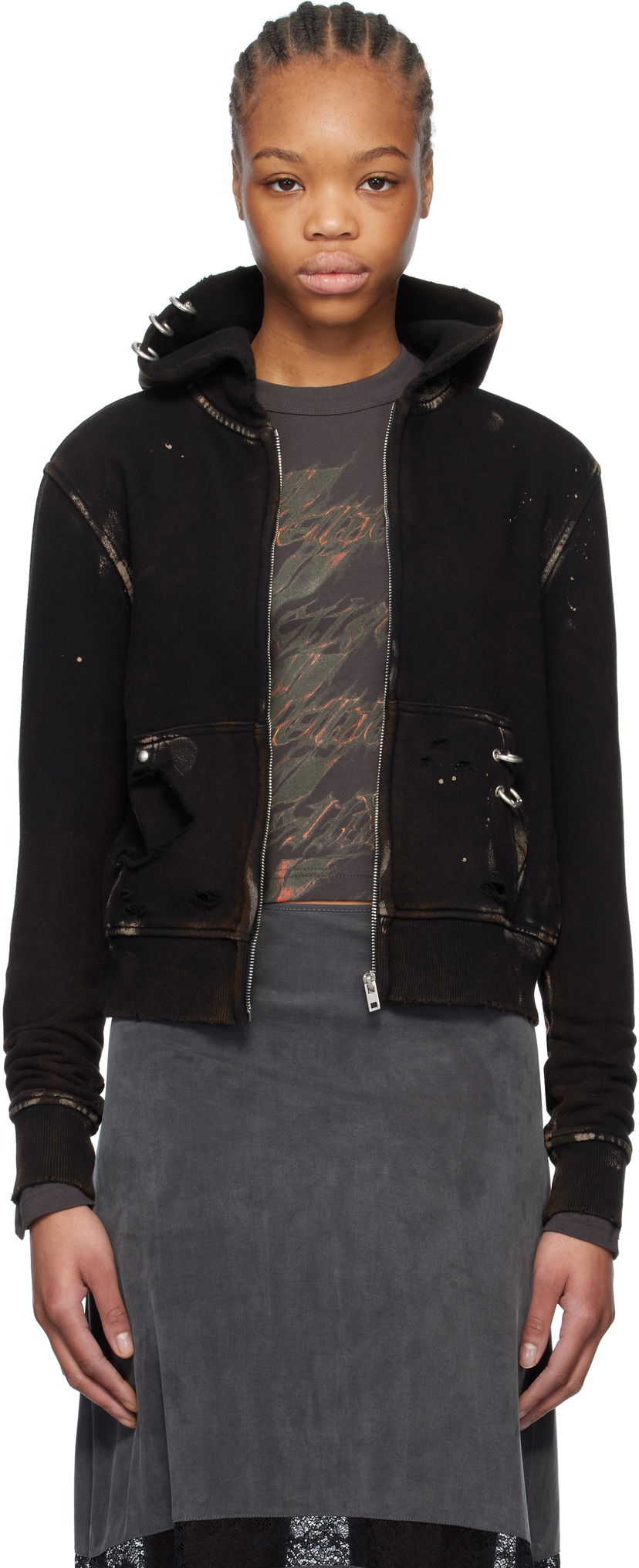 Sweatshirt We11done We11done Pierced Zip-Up Hoodie Sort | WD-TJ0-25-821-U-BK