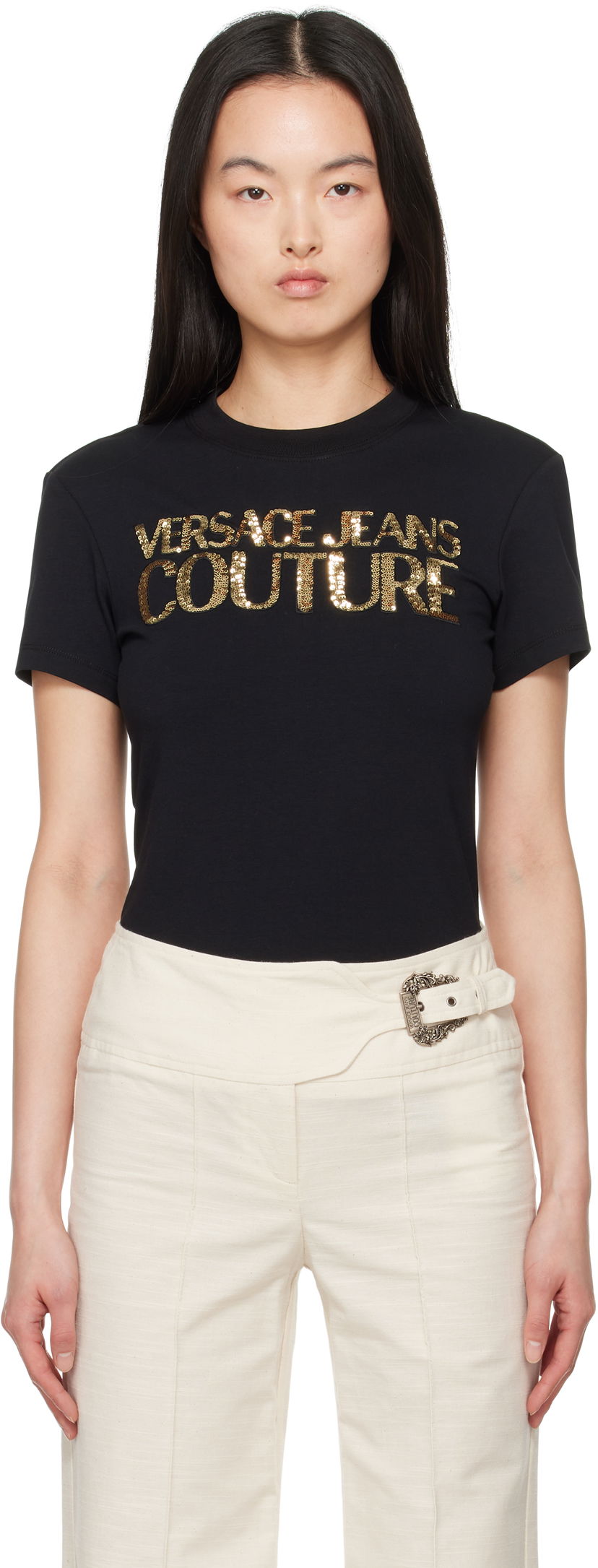 T-shirt Versace Versace Jeans Couture Sequin Logo T-Shirt Sort | E78HAHE00_ECJ02E
