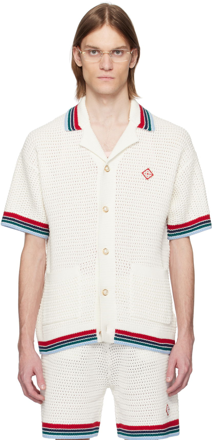 Sweater Casablanca Casablanca Gothic Crochet Knit Polo Shirt Hvid | MS25-KW-920-01