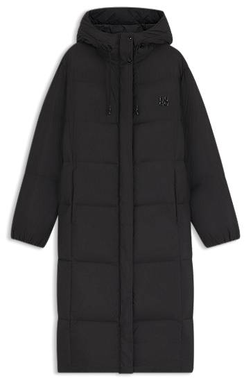 Puffer jakke BOSS Long-length hooded down jacket with stacked-logo print Sort | 50546355