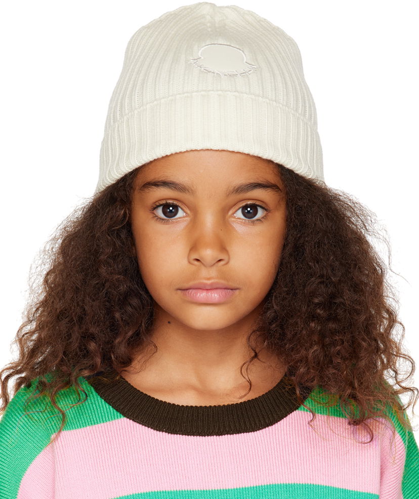 Beanie Moncler Moncler Enfant Kids Ribbed Knit Patch Beanie Hvid | I29543B00010M1131