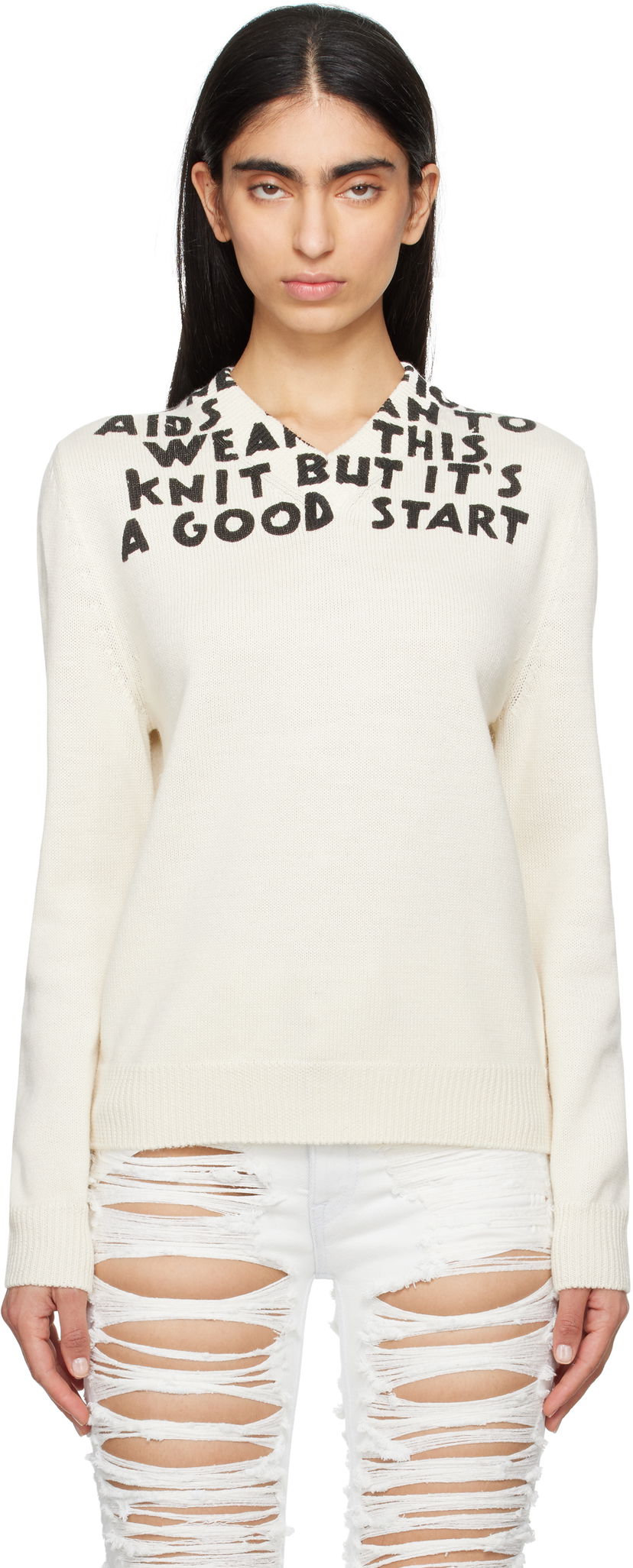 Sweater Maison Margiela MM6 Maison Margiela SIDA Print V-Neck Sweater Hvid | S62HN0005 M13122
