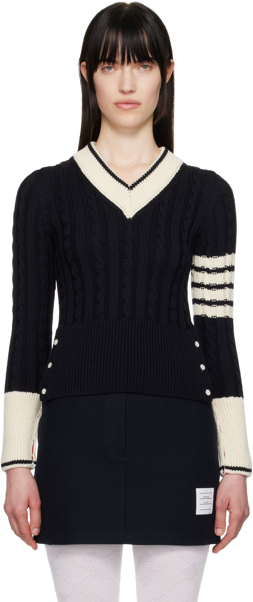 Sweater Thom Browne Thom Browne Classic Merino Wool V-Neck Sweater Mørkeblå | FKA484A-Y1024
