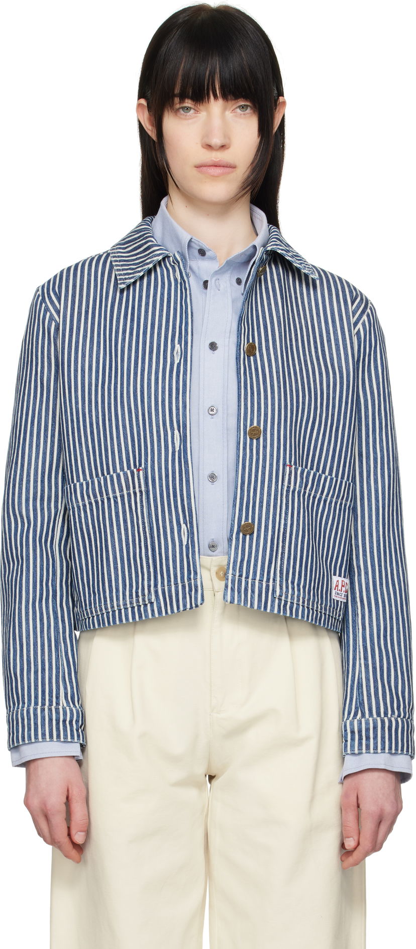 Jakke A.P.C. A.P.C. Frida Striped Cropped Denim Jacket Blå | COHHG-F32006