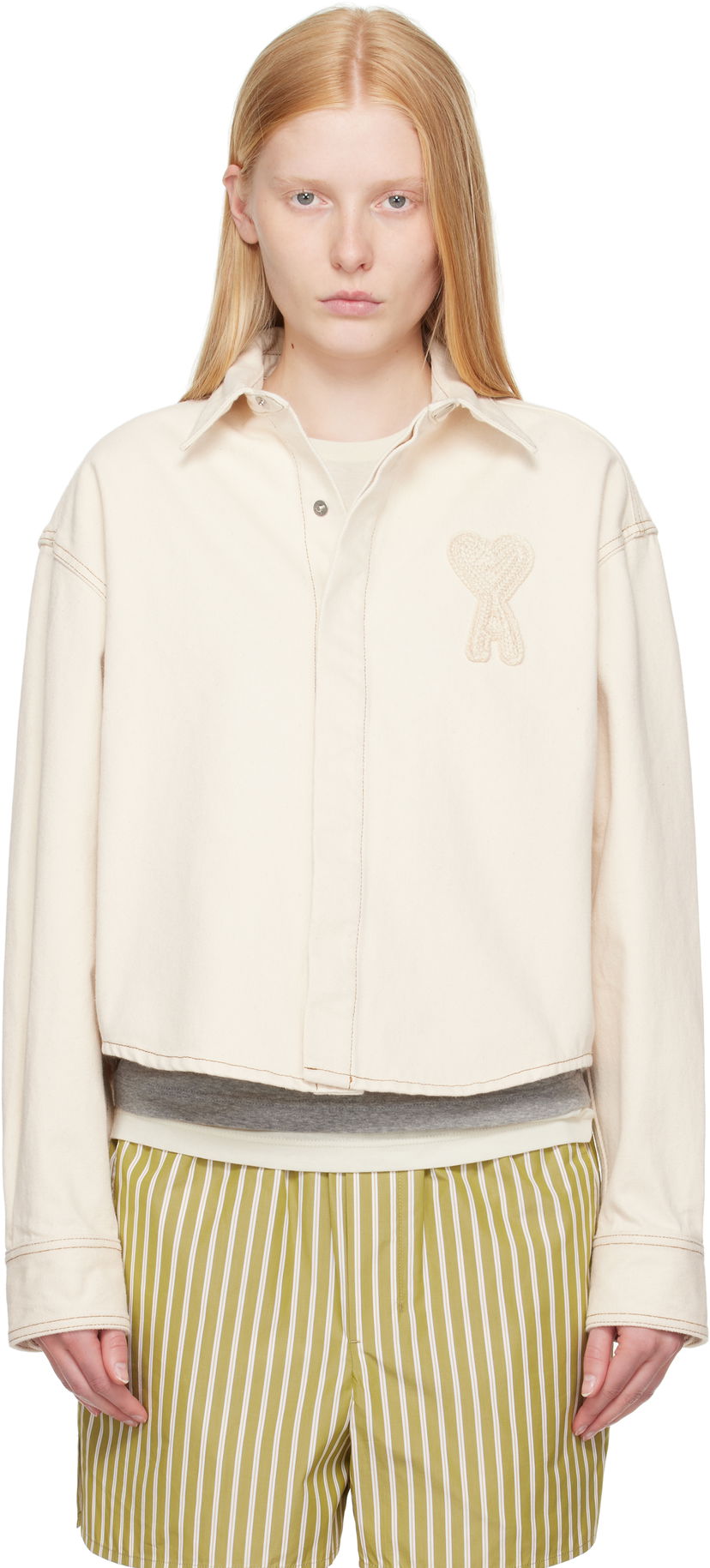Skjorte AMI AMI Paris Ami de Coeur Cropped Denim Shirt Hvid | FSH168.DE0039