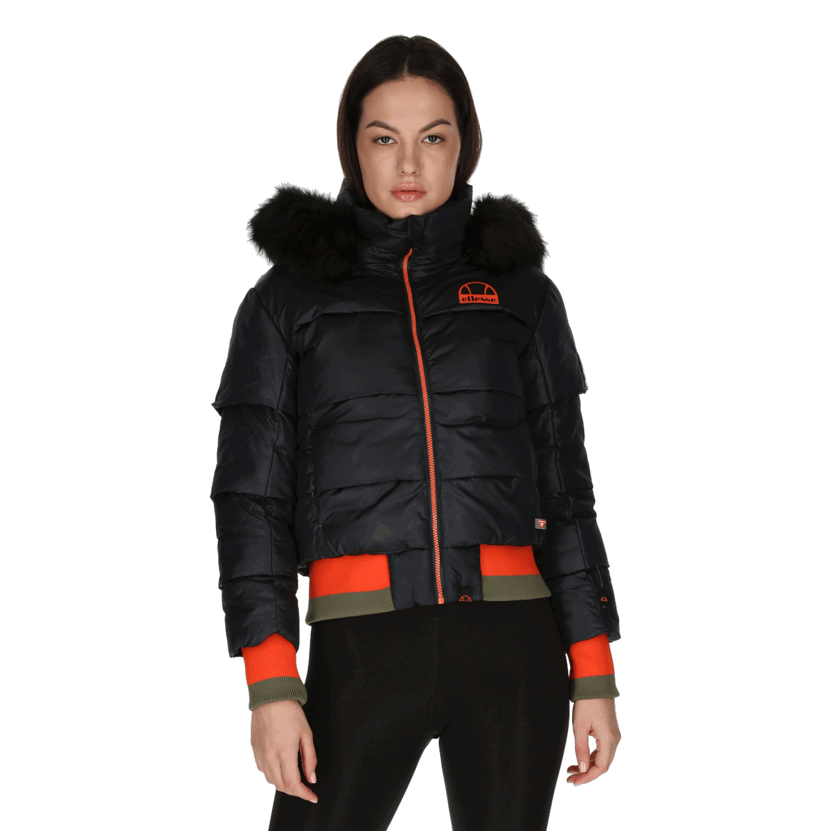 Puffer jakke Ellesse Innevata Fur Hood Padded Jacket with Striped Ribbed Trim Sort | SRK11727-011, 0