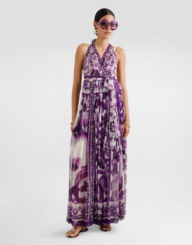 Kjole Dolce & Gabbana Dolce & Gabbana Majolica-Print Halter Neck Chiffon Dress Lilla | F6TYTTHI1BXIP3TN, 1