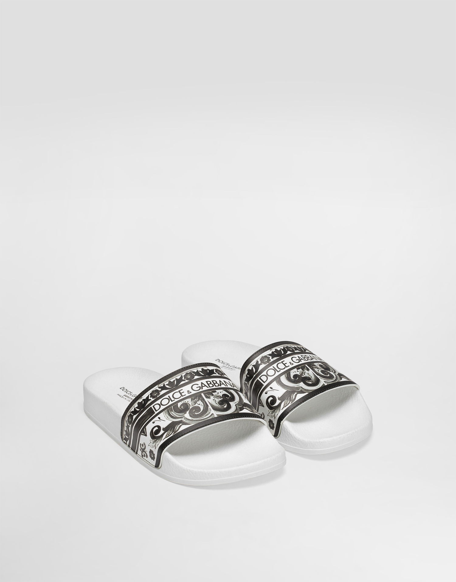 Tilbehør Dolce & Gabbana Dolce & Gabbana Majolica-Print Calfskin Slides Hvid | DD0318A1838IU3TN, 1