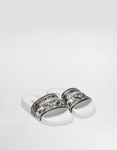 Tilbehør Dolce & Gabbana Dolce & Gabbana Majolica-Print Calfskin Slides Hvid | DD0318A1838IU3TN, 1