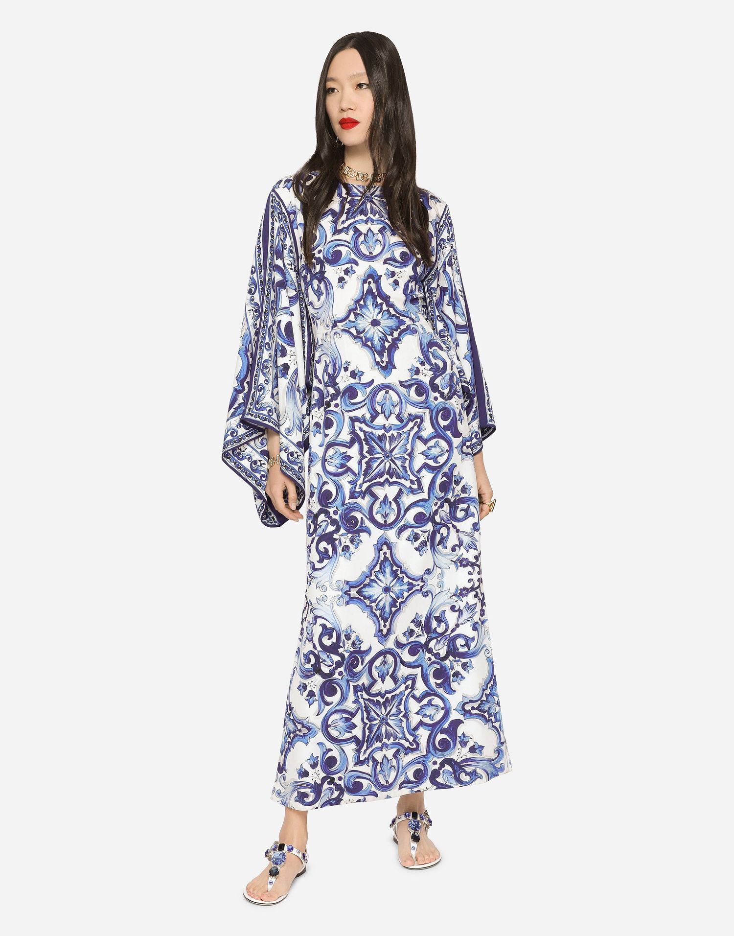 Kjole Dolce & Gabbana Dolce & Gabbana Majolica-Print Charmeuse Dress Blå | F69D5THPABOHA3TN, 1