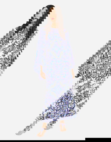 Kjole Dolce & Gabbana Dolce & Gabbana Majolica-Print Charmeuse Dress Blå | F69D5THPABOHA3TN, 1