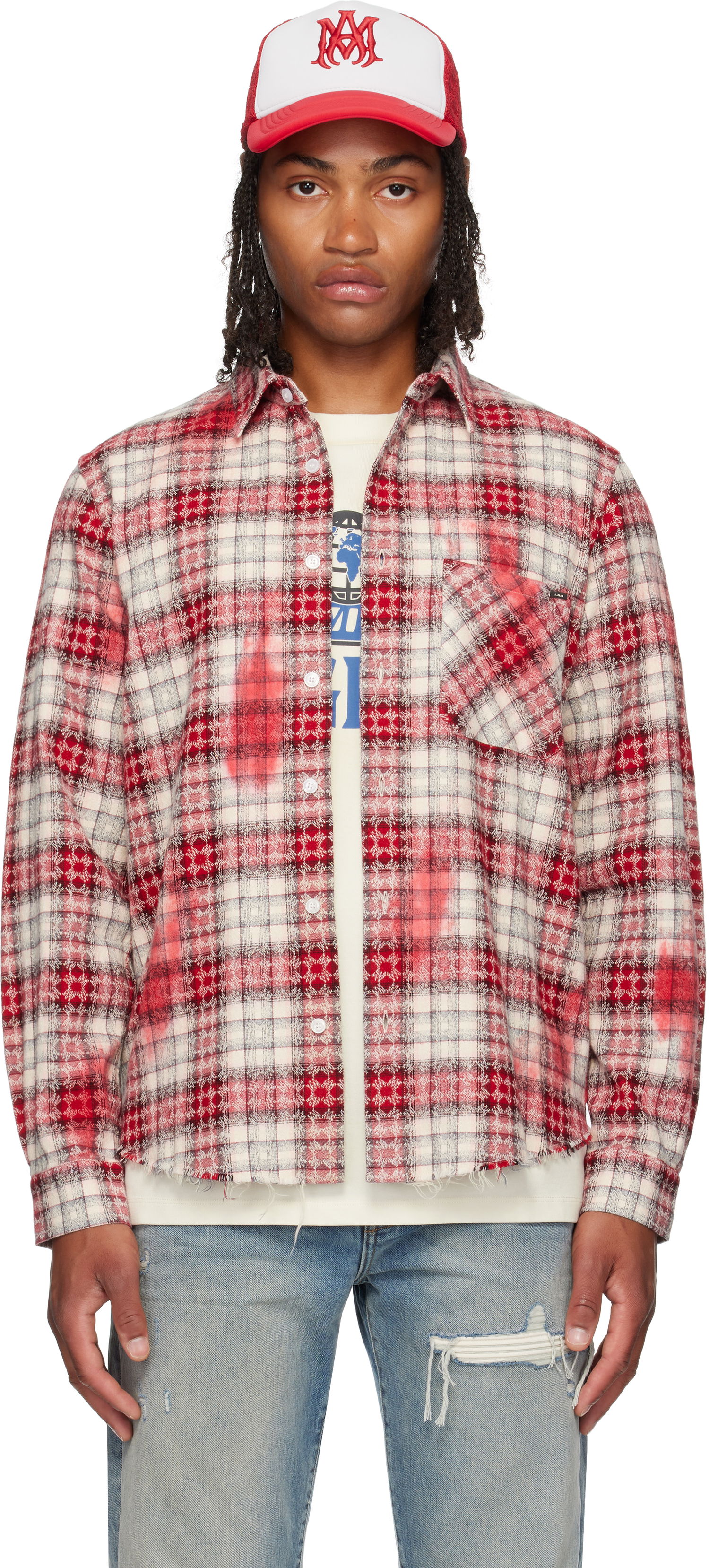 Skjorte AMIRI MA Quad Bleach Distressed Plaid Flannel Shirt Flerfarvet | AMSTFL1014, 0