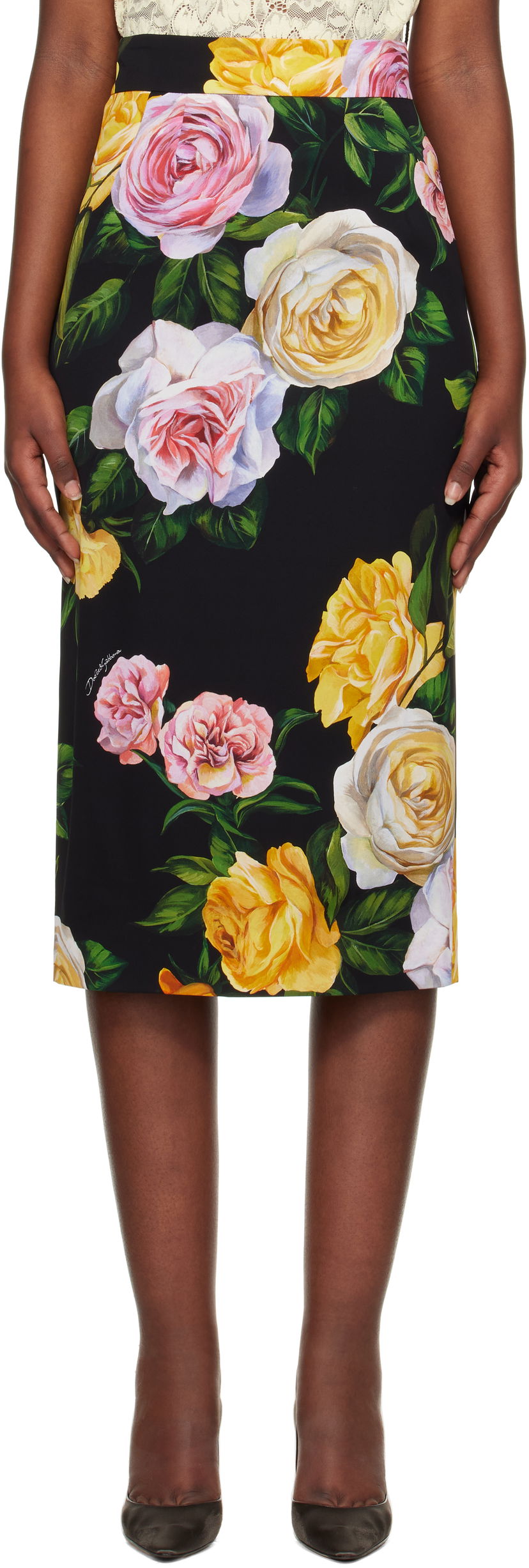 Nederdel Dolce & Gabbana Dolce&Gabbana Peony & Rose-Print Midi Skirt Sort | F4B6UT FSA7B