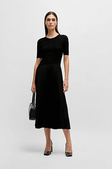 Kjole BOSS Knit Dress with Pleated Skirt Sort | 50535658, 1
