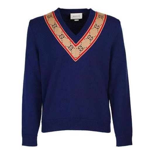 Sweater Gucci GG V-Neck Wool Sweater Blå | 577089-XKAUO-4912, 0