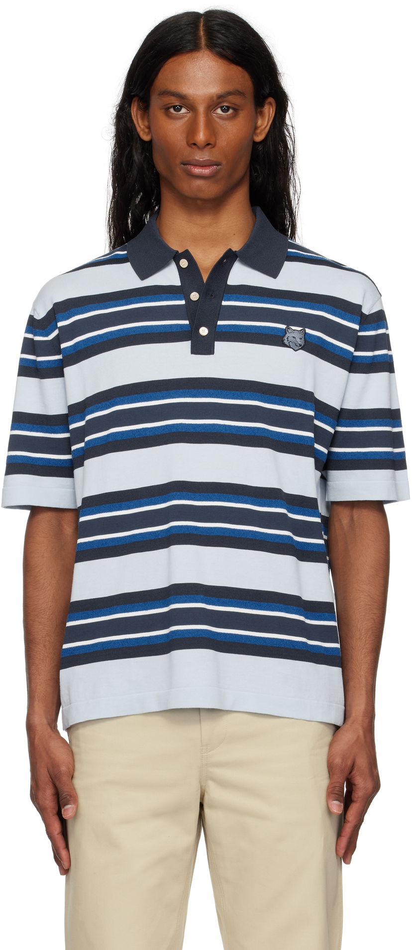 Polo skjorte MAISON KITSUNÉ Maison Kitsuné Fine Gauge Striped Polo with Fox Head Patch Blå | OM00201KT1119