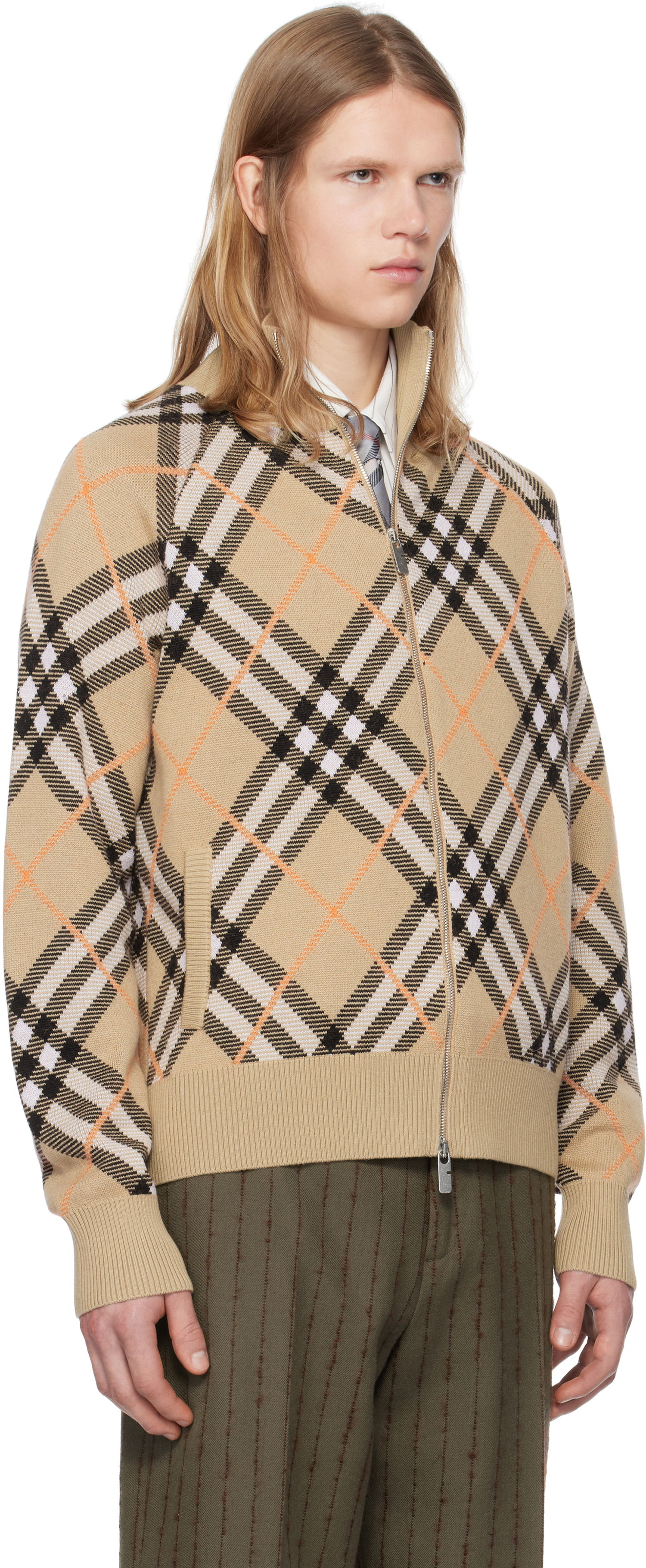 Sweater Burberry Burberry Check Wool Mohair Blend Zip-Up Jacket Beige | 8095087, 1