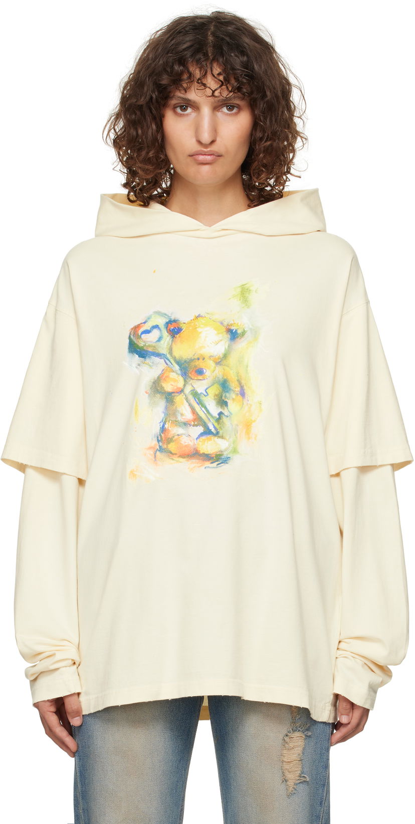 Sweatshirt We11done We11done Layered Teddy Bear Hoodie Beige | WD-TH3-24-844-U-BG
