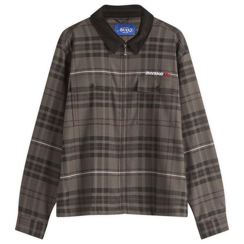 Skjorte Awake NY Awake NY Plaid Flannel Zip Overshirt, Size Large Brun | AWK-SP25-TP003-BRN