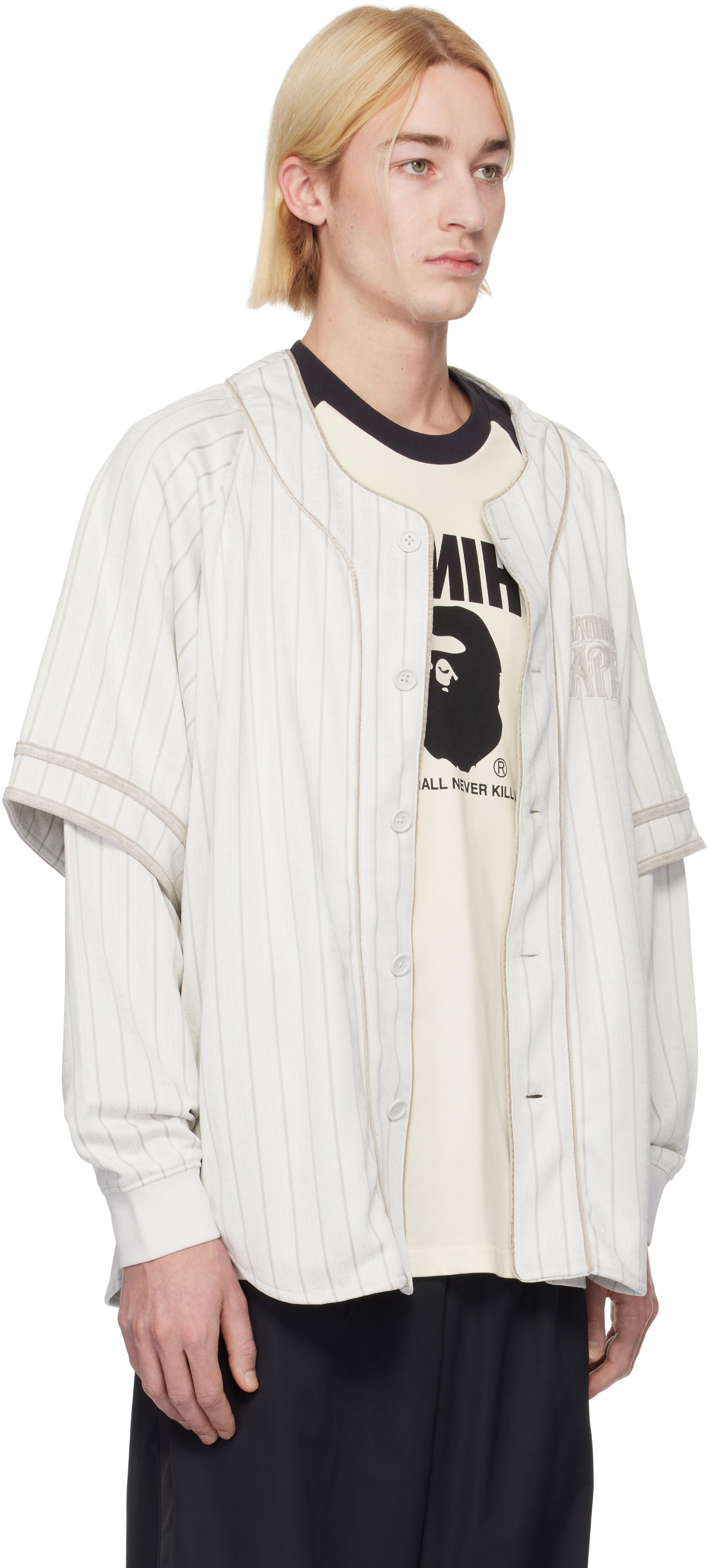 Skjorte BAPE Striped Long Sleeve Baseball Shirt Hvid | 001SHK801303M, 1