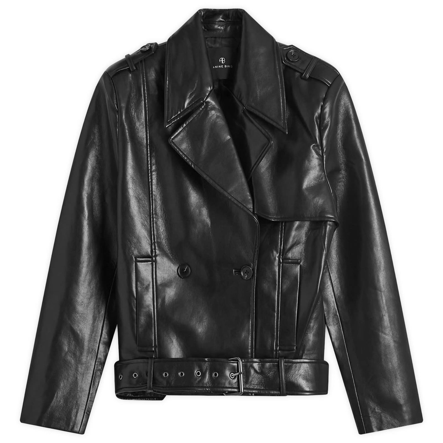 Bomberjakke Anine Bing Black Cropped Leather Jacket with Belt Sort | A-01-10451-000, 0